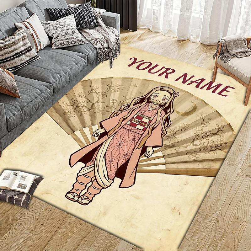Custom Name,Nezuko Kamado Home Sofa Decoration for Living Room & Bedroom, Non‑Slip Play Flannel Floor Mat for Game Room