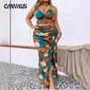 Women's Plus Size Floral Print Camisole Top Skirt Suit V-Neck Sexy Pleated Split Skirt Suit
