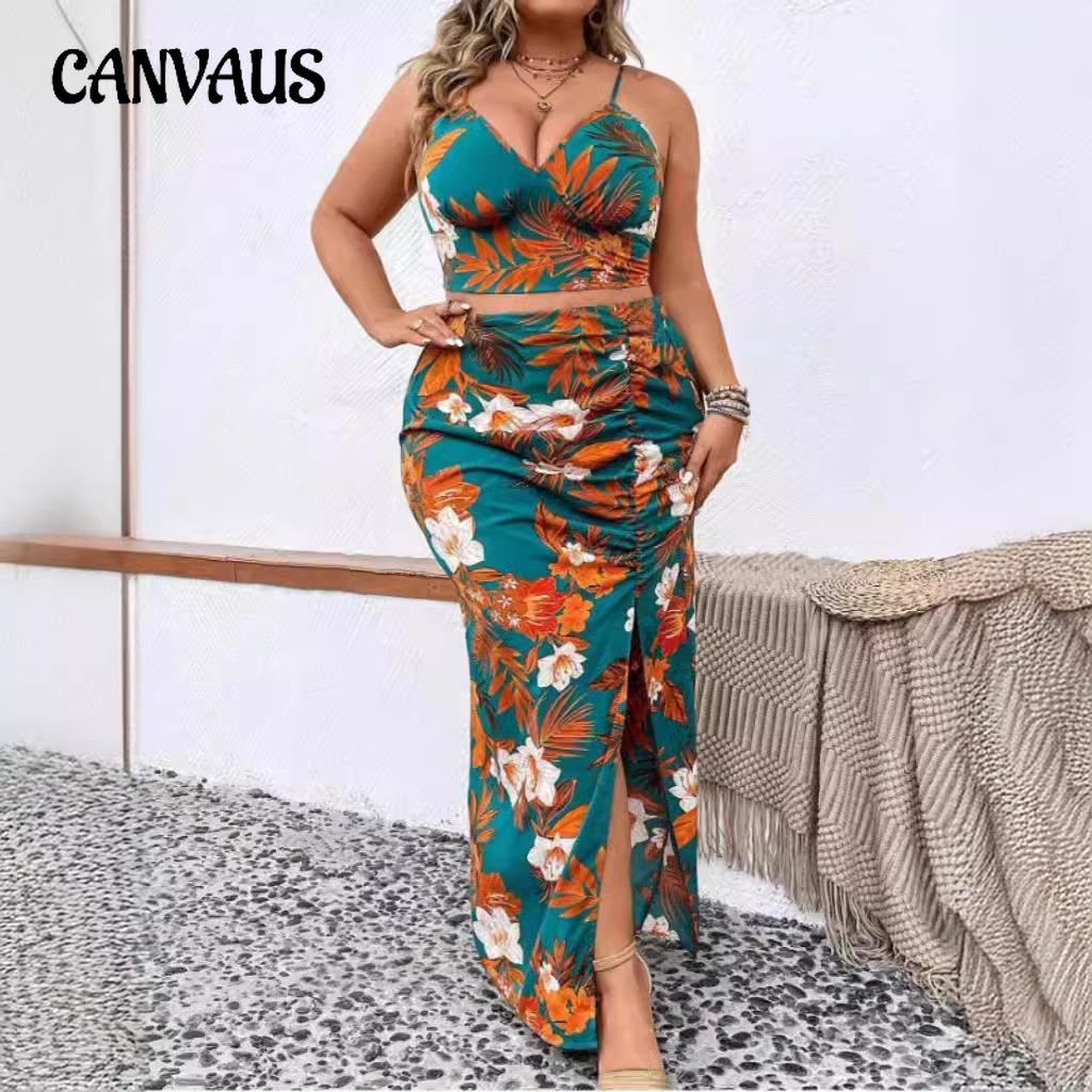 Women's Plus Size Floral Print Camisole Top Skirt Suit V-Neck Sexy Pleated Split Skirt Suit