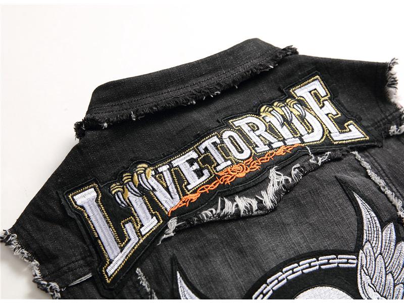 2022 Мужской черный вышитый джинсовый кардиган - весенний молодежный повседневный жилет с лацканами