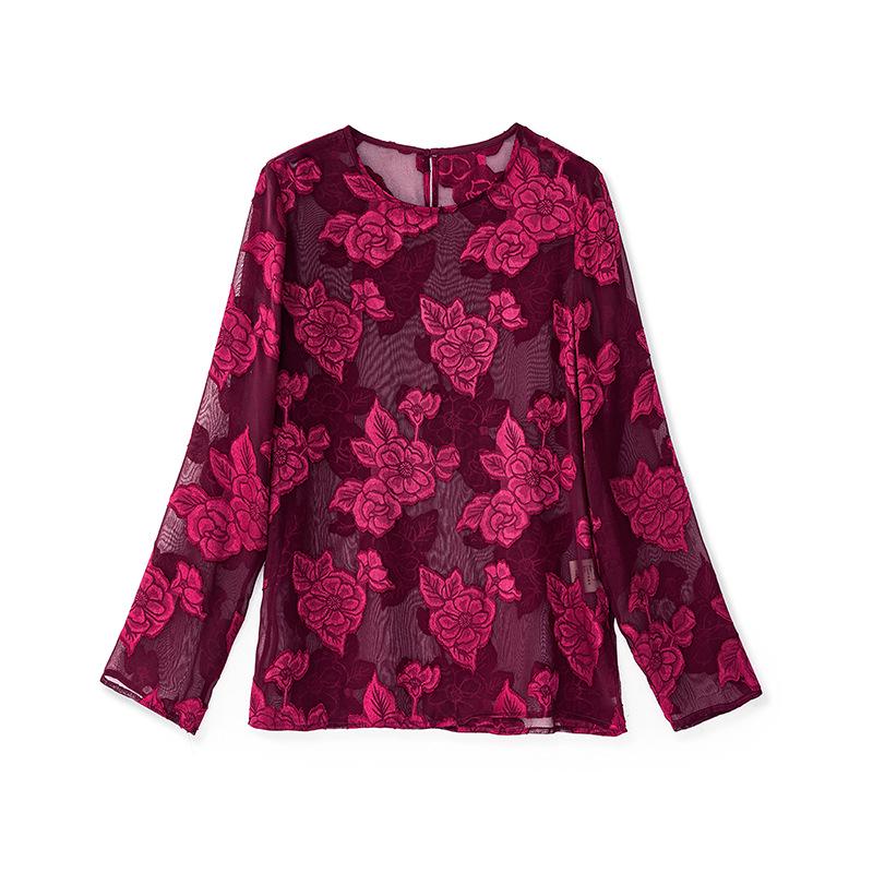 Elegant Georgette Cut-Out Long Sleeve Top - New Chinese Round Neck Style (2501209)