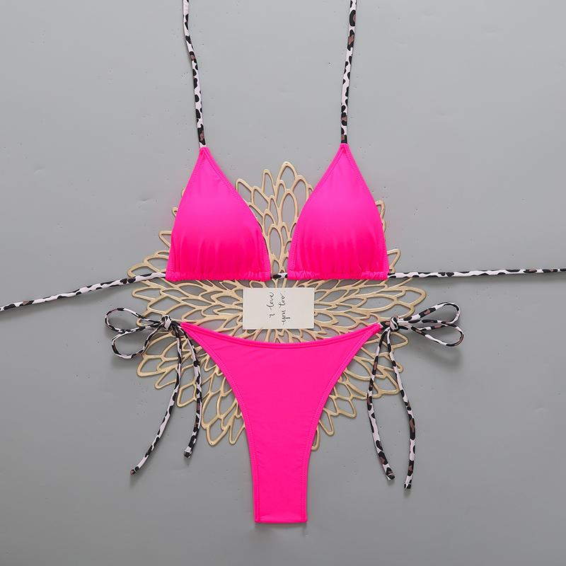 Сексуальный женский пляжный бикини с леопардовым принтом 2026 Купальник с завязками на шее Микро стринги Наборы бикини Женский купальник для ношения на пляже Купальный костюм