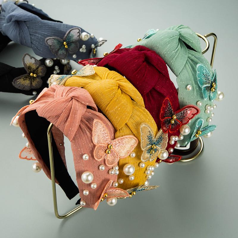 Женская кружевная повязка на голову для мытья лица с бабочкой и жемчугом, однотонная повязка на голову с широким краем и крестообразным узлом