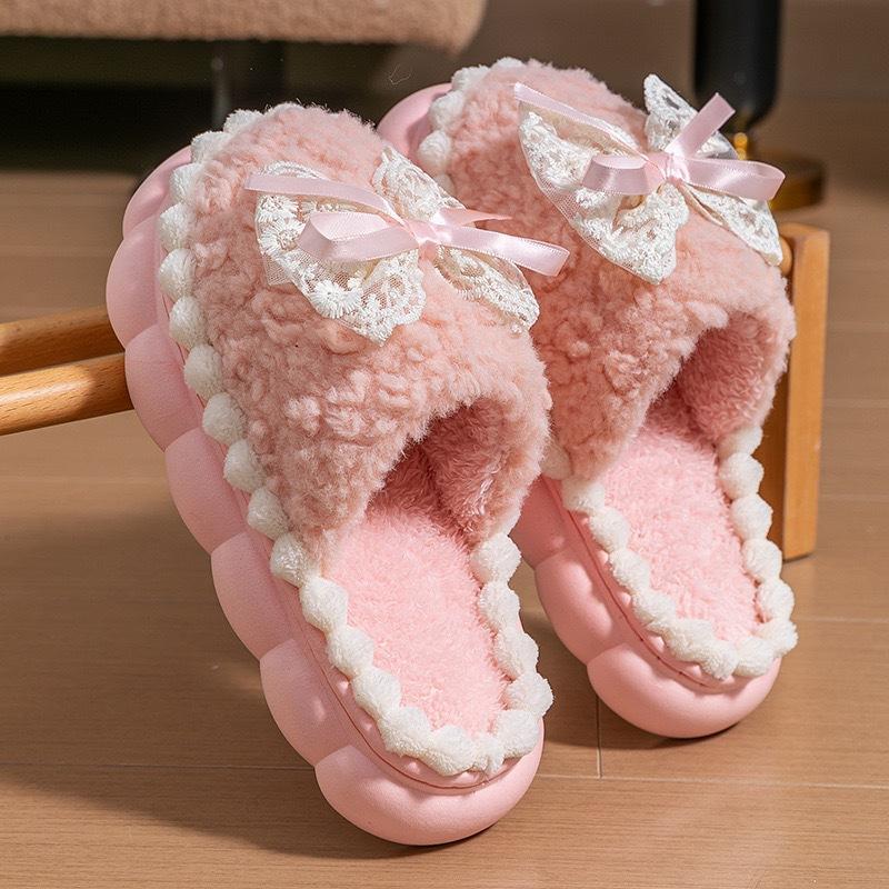 Cotton slippers women's autumn and winter indoor home platform shoes warm plush bow slippers confinement shoes