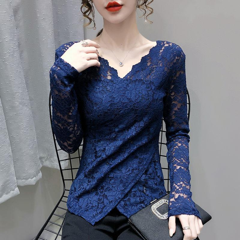 Autumn and Winter Padded Sexy V-neck Long-sleeved Cross Slim Age-reducing Blouse Hundred Lace Bottoming Shirt