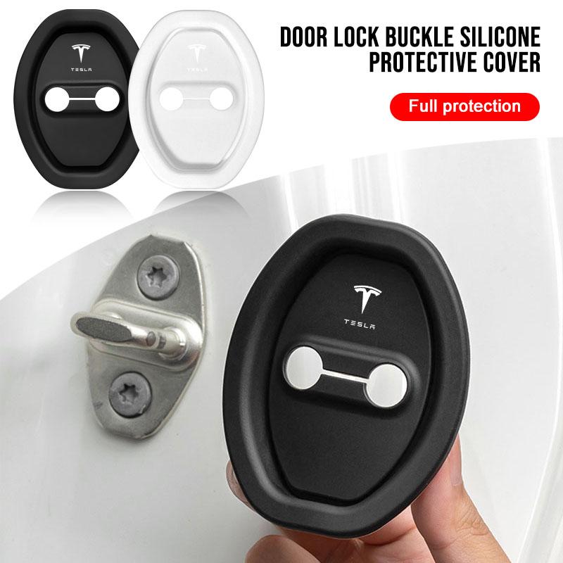 ahsgp6 4Pcs Silicone Anti-collision Car Door Lock Protection Cover Auto Styling for Tesla Model 3 Model Y 2020 Keychain Car Accessories