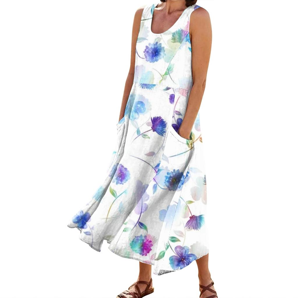Женские модные повседневные платья из хлопка и льна без рукавов с цветочным принтом и небольшими карманами