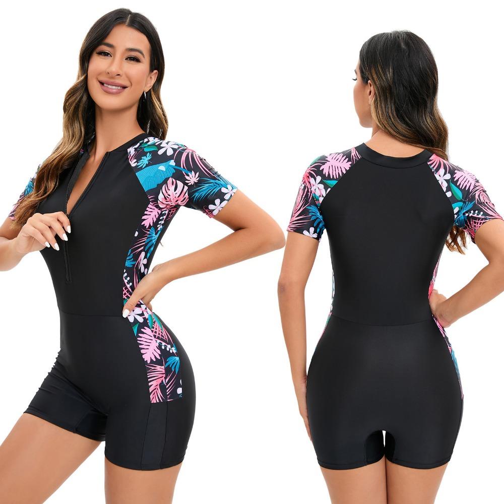 Цельный спортивный купальник на молнии, женский купальник с короткими рукавами для серфинга, солнцезащитный костюм для сноркелинга