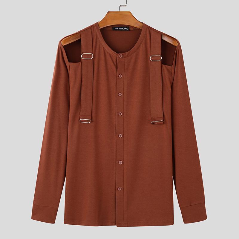 INCERUN Мужские футболки с вырезом и длинным рукавом, с ремешком, с пуговицами, повседневные футболки, топы, майки