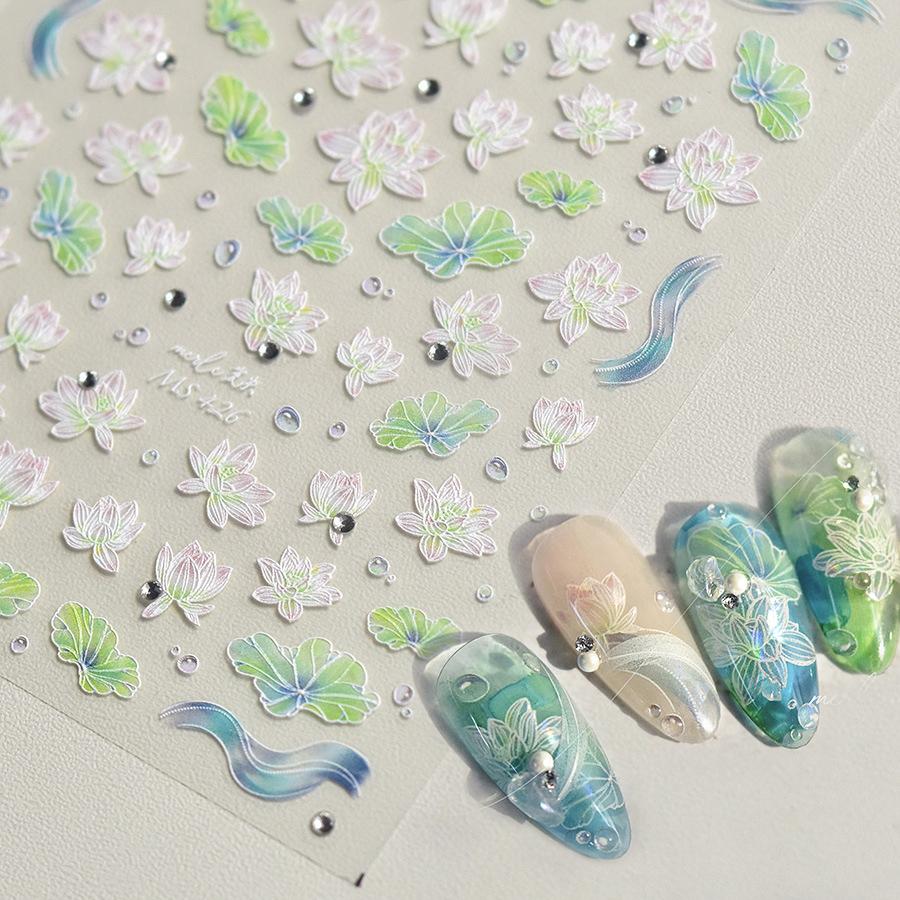 5D Fantasy Green Lotus Nail Sticker High Quality Embossed Lily Flower Pearl Rhinestone Self-Adhesive Nail Art Decorative Sticker
