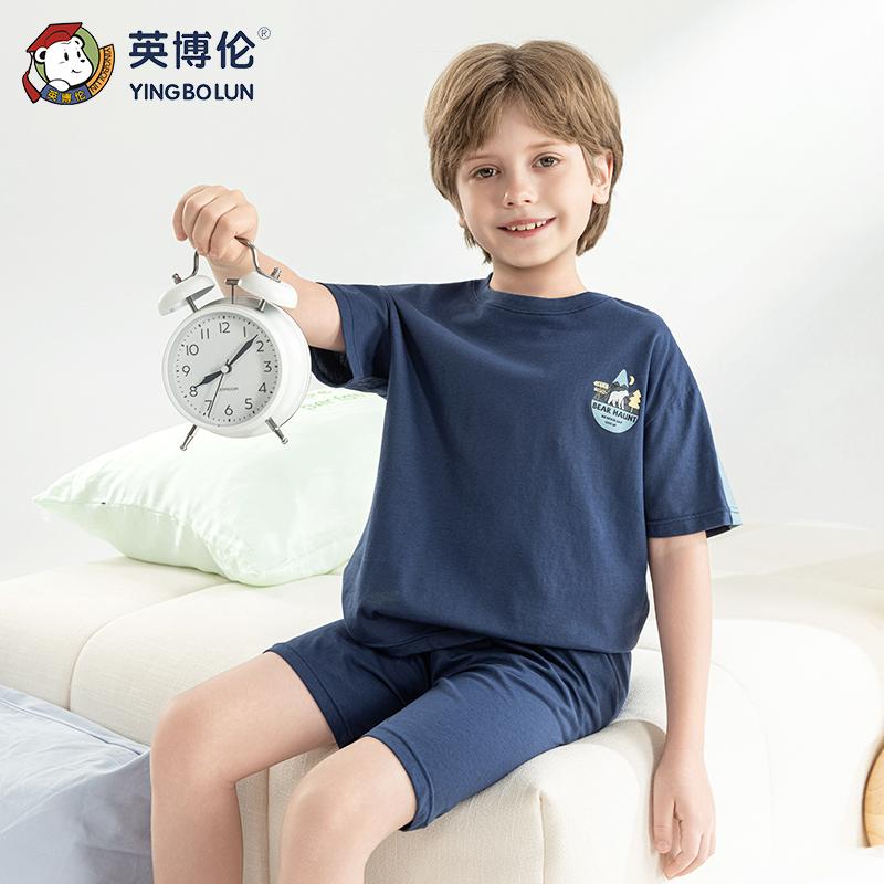 Yingbolun boys' pajamas summer pure cotton 10A children's short sleeved shorts set medium and large children's cotton home clothes