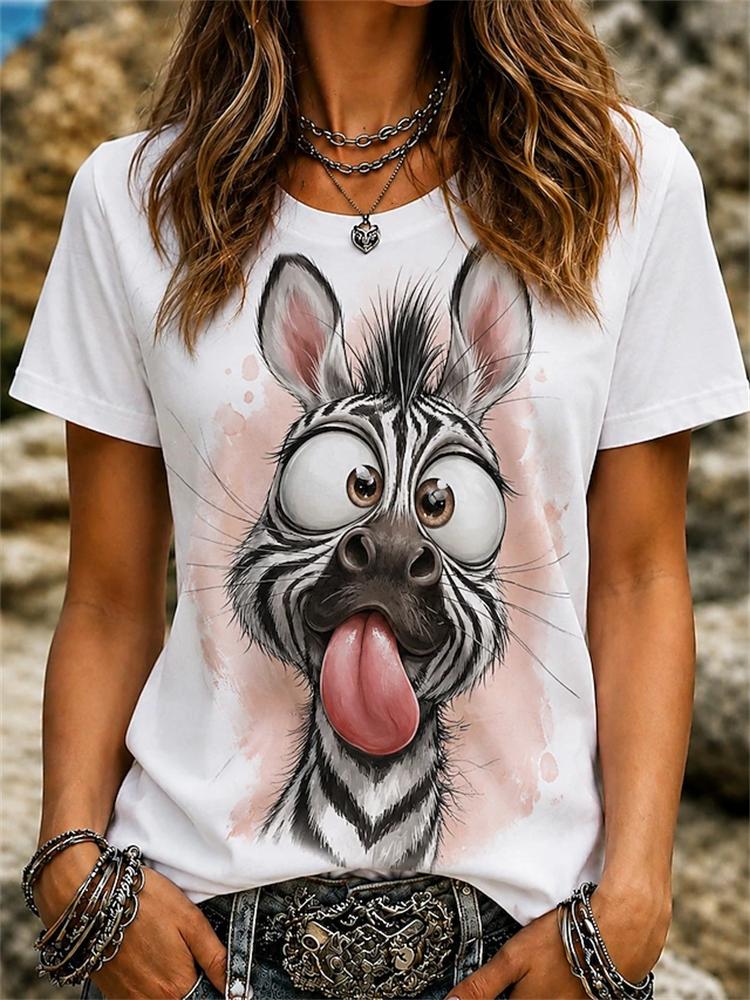 Women's Simple Crew-Neck T-Shirt with 3D Cat Print Fashionable Short-Sleeve Trendy Streetwear-Style Women's Loose-Fit Top