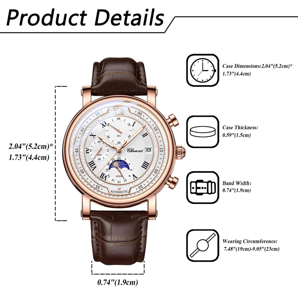 Genuine Leather Strap Waterproof Roman Alphabet Analog Luminous Stopwatch Calendar Small Seconds Quartz Watch Daily Life Commuting Day Birthday