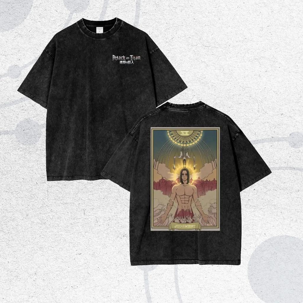 Japan Anime Attack on Titan Eren Jaeger Cool Graphic Print T-shirt Women Men Vintage Washed O-neck Cotton Loose Casual Oversized Top Summer New Tee