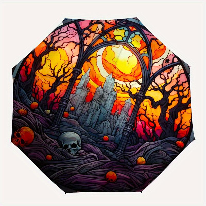 Stained Castle Scene  DecorUmbrella, Portable 3-Fold Compact Umbrella,Christmas Gift ES471