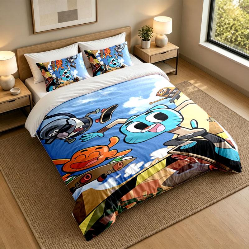 3Pcs Bedding SetAmazing World of Gumball Soft Bed Sheet and Two Pillowcases Home Bedroom Decor