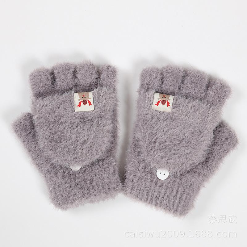 Half-finger Covered Plush Gloves, Autumn and Winter Warm and Thick Imitation Mink Velvet Flip Knitted Gloves