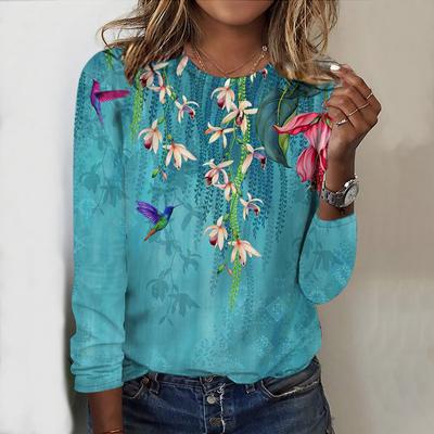 Топы на весну и осень. Футболка с круглым вырезом и длинными рукавами и принтом в виде ветвей ивы. Осенний повседневный тонкий пуловер для женщин с длинными рукавами.