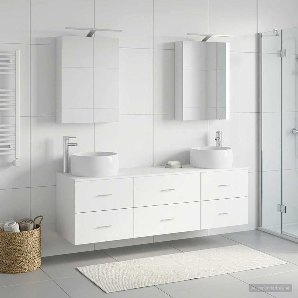 5 Piece Bathroom Furniture Set White Engineered Wood and Glass
