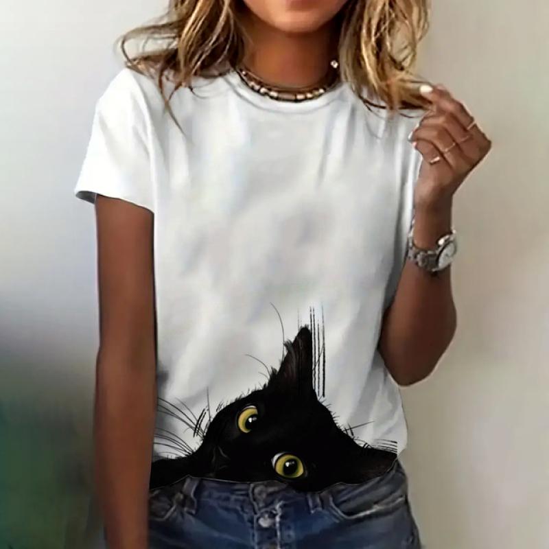 Women's T-shirt Cat Print Short Sleeve Summer Casual Wear Loose Top Fashion Round Neck Short Sleeve Women's Elegant T-shirt