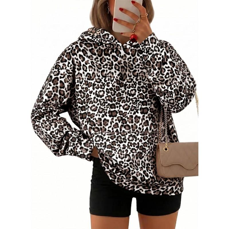 Womens Leopard Print Hooded Sweatshirt 2026 Winter Digital Streetwear Long Sleeve Oversized Top