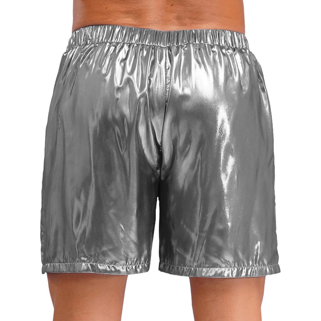 Mens Shiny Boxer Shorts Elastic Waistband Side Pocket Design Loose Fit Glossy Beach Shorts Loungewear