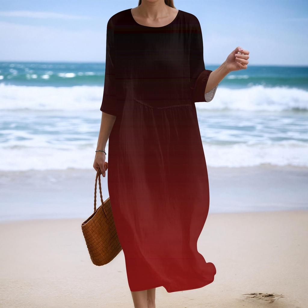 Women's Fashionable Printed Round Neck Seven Quarter Sleeve Loose Dress