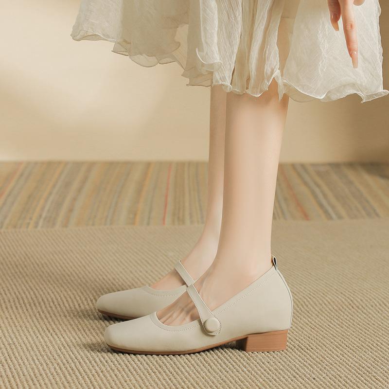 Туфли из овчины из Гонконга, женские, средний каблук, весна и осень 2024, новые, квадратные, толстый каблук, ретро, подходящие по цвету, мягкая подошва, кожа, женские