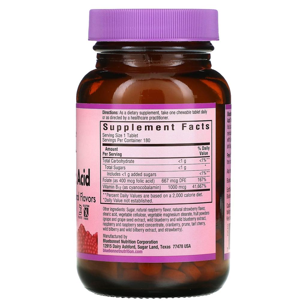 Bluebonnet Nutrition, EarthSweet жевательные таблетки, Витамин B-12 и фолиевая кислота, Натуральный малиновый вкус, 180 жевательных таблеток