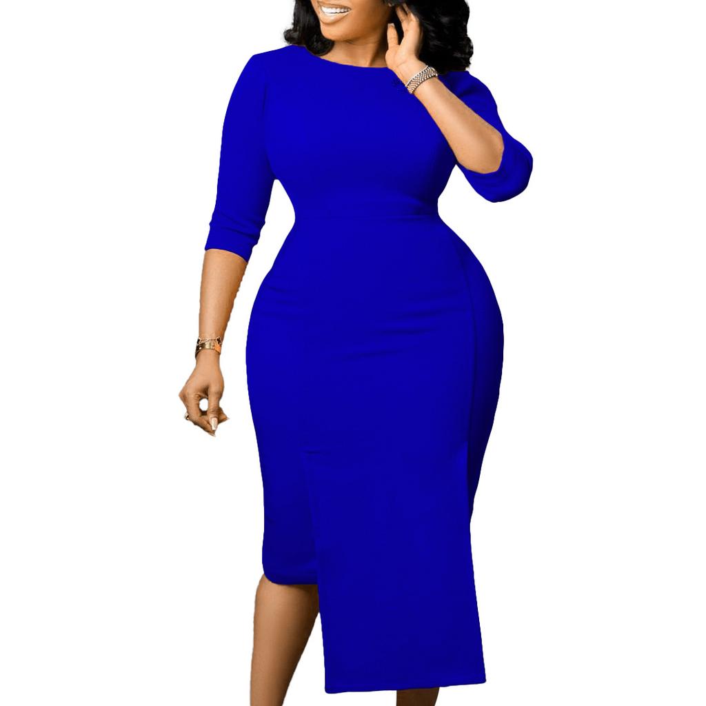 Женское деловое платье большого размера с круглым воротником и средними рукавами, элегантное цельное однотонное платье-футляр