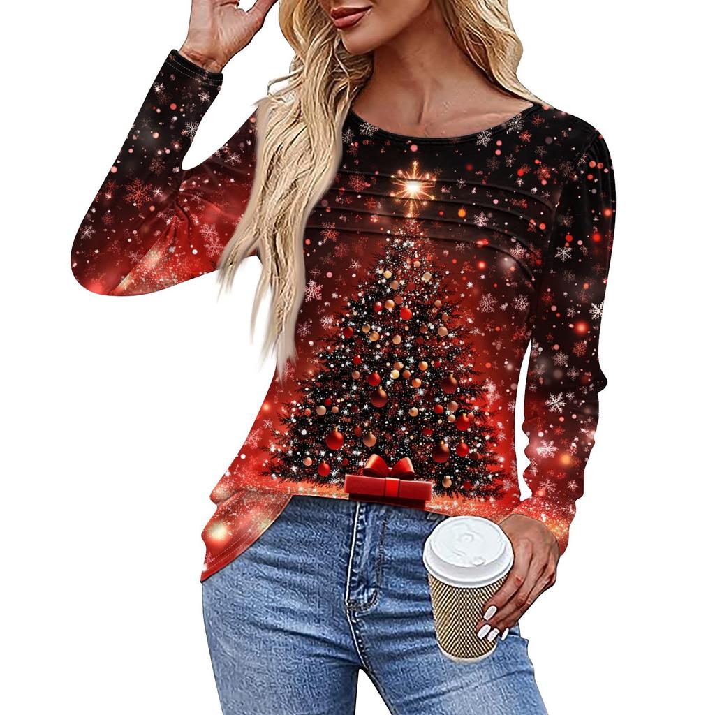 Женская повседневная модная футболка с круглым вырезом и длинными складками на Рождество