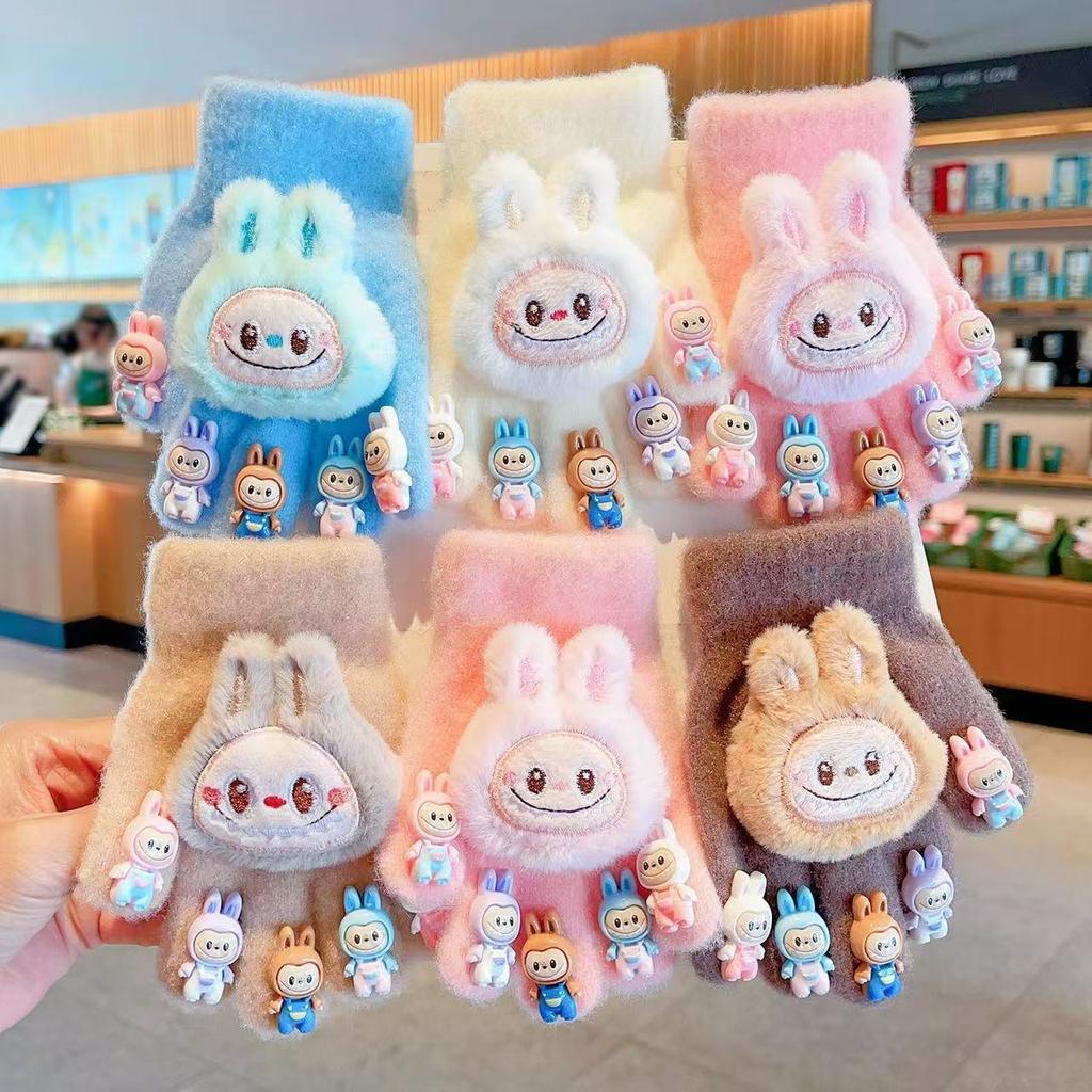Plush Children's Five-Finger Gloves with Cute Animal Characters for Autumn and Winter