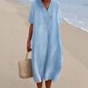 Womens Cotton Linen V Neck Half Sleeve Dress Solid Color Casual Loose Midi Dress
