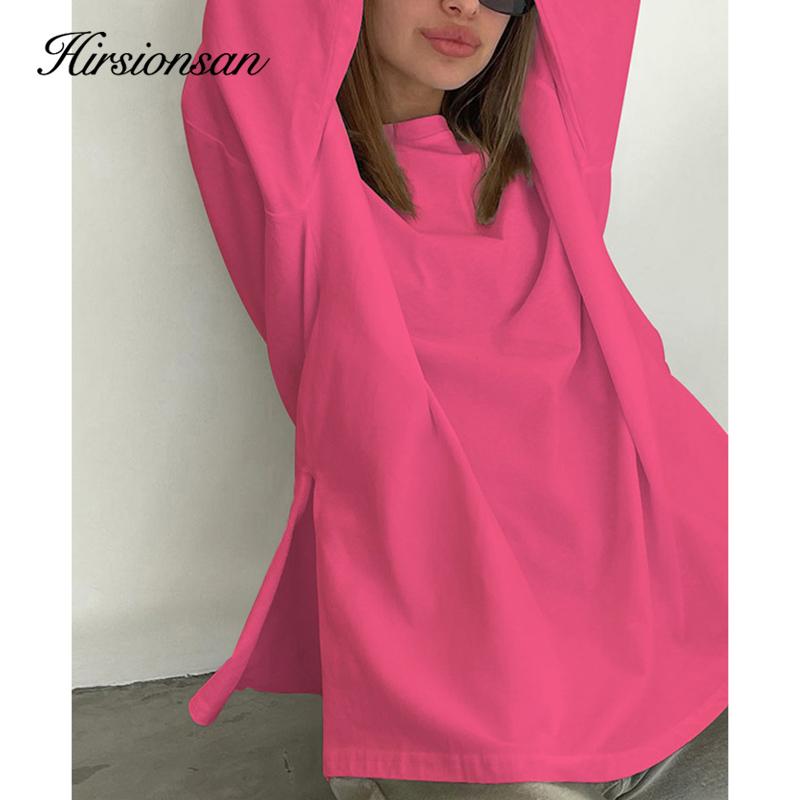 Hirsionsan базовая хлопковая футболка с длинными рукавами женская новинка 2022 года оверсайз однотонная женская одежда с разрезом повседневные рубашки женские топы