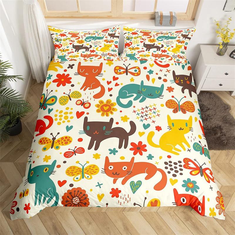 Cat Duvet Cover Polyester Pattern With Hipster Playful Feline Characters, Decorative 3 Piece Twin Bedding Set With 2 Pillow Sham