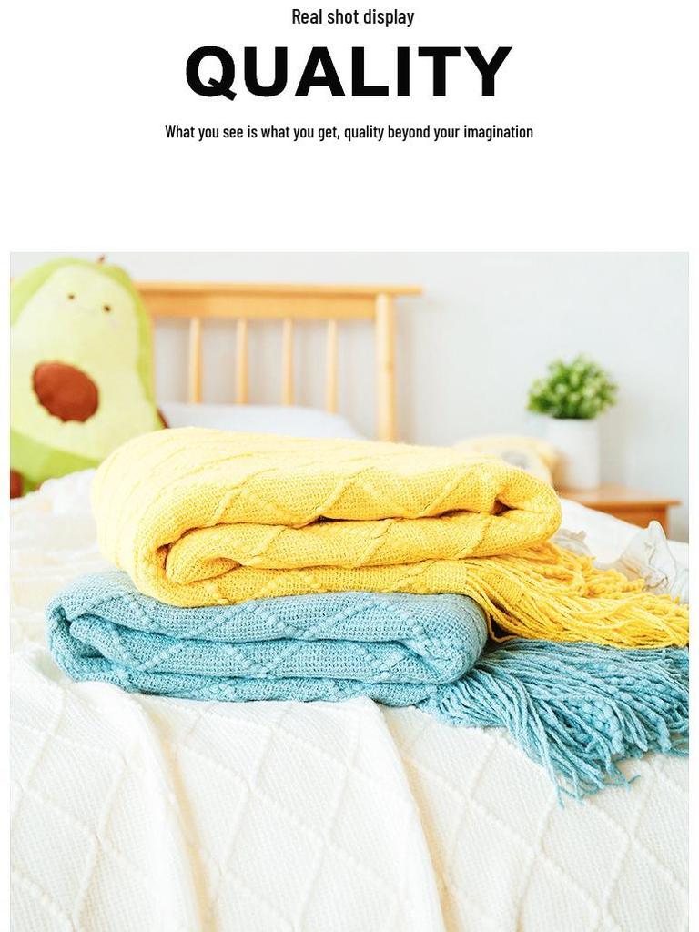 Скандинавский Ретро Желтый Аргайл Вязаный Плед - Покрывало на кровать, Накидка на диван, Накидка-шарф на конец кровати