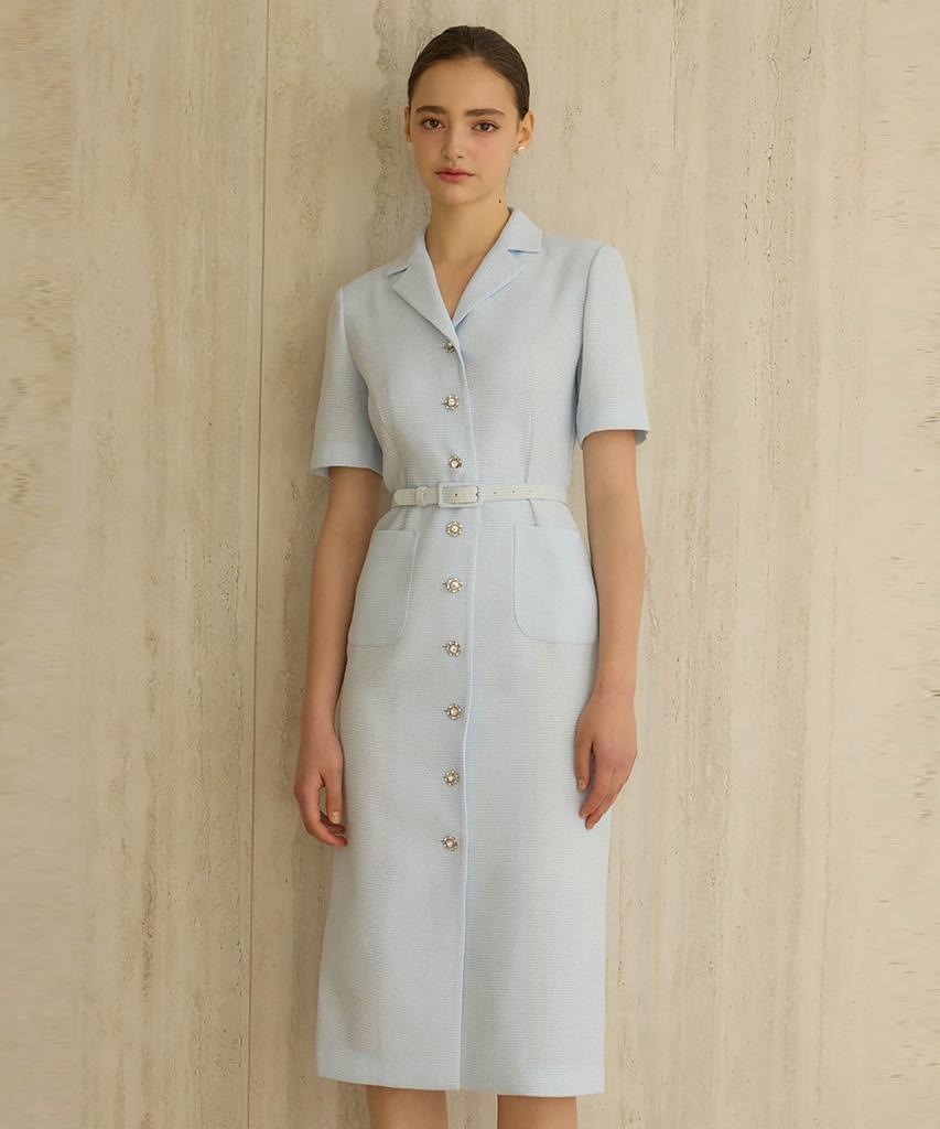Julie And Kara 25Hs Collar 120 Terroir Line Queen Long Tweed Dress Sky Blue