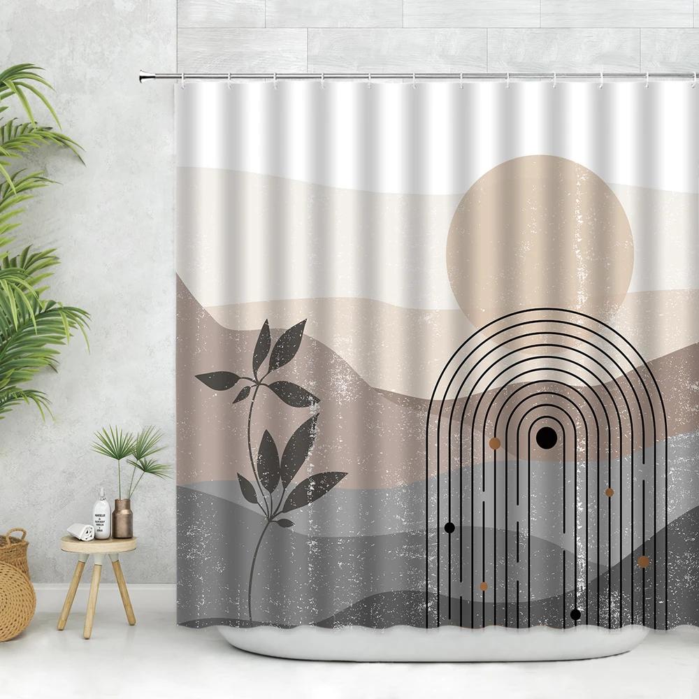 unframed Abstract Neutral Leaves Simple Bathroom Shower Curtain Mid Century Sun Minimalist Modern Polyester Fabric Decor Bathr