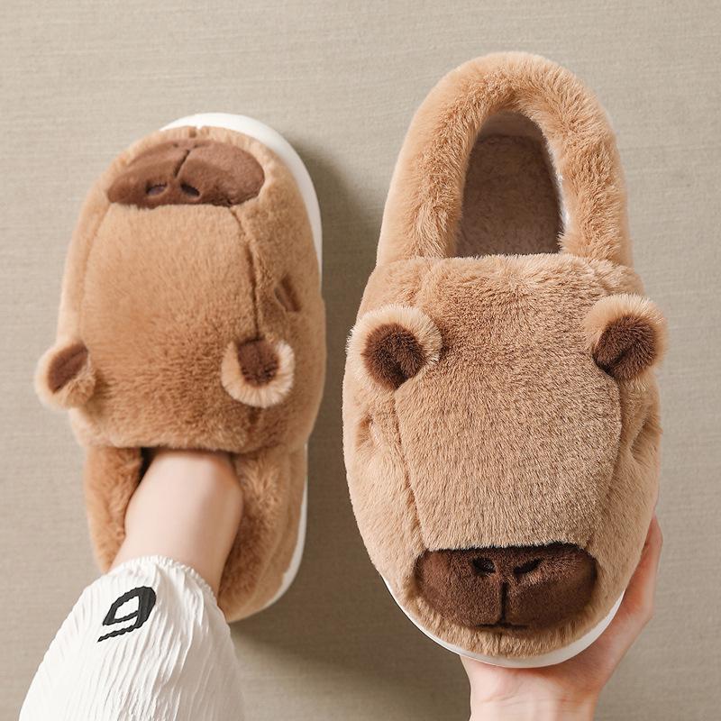 Capybara Women's Winter Cotton Slippers - Cute Cartoon Fluffy Heel, Parent-Child Warm Shoes for Kids & Men.