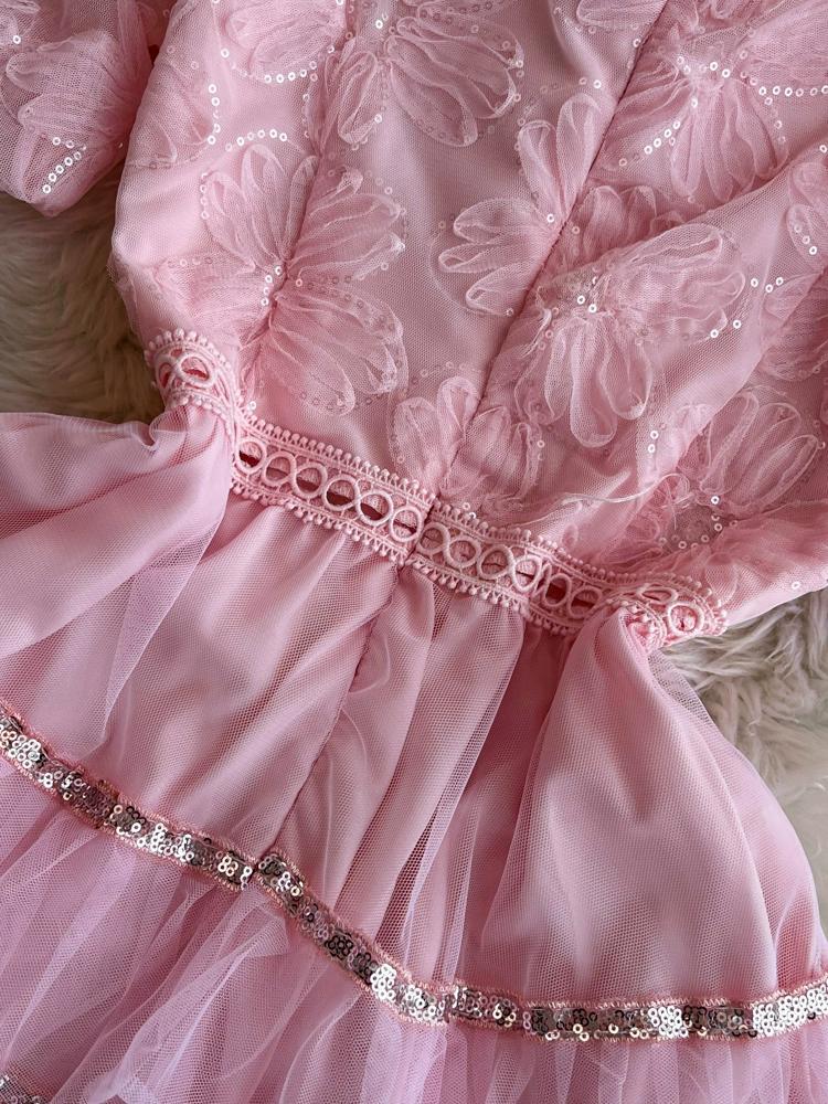 Летние женские сладкие блестящие цветочные сетчатые вечерние платья с вырезами