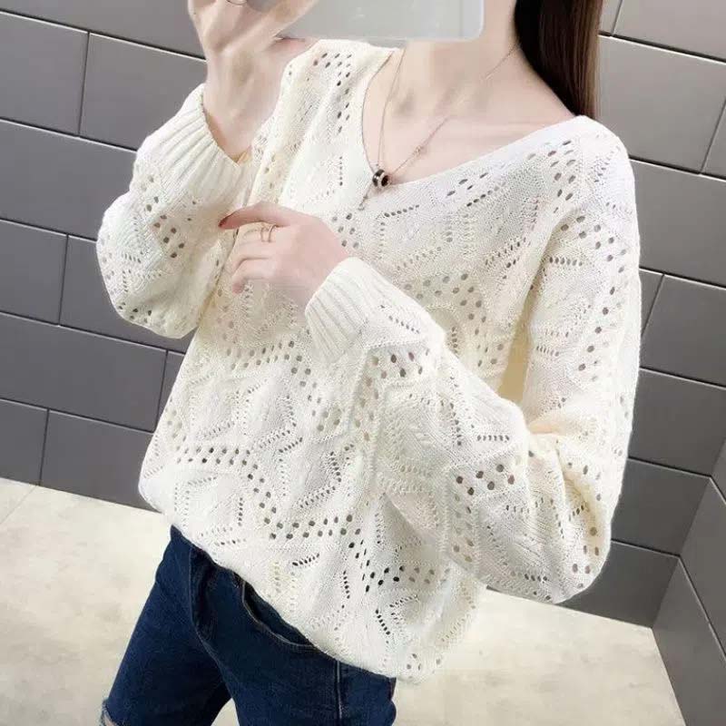 Hollow Knit Sweater Thin Women's Loose Pullover Sweet Outer Bottomed Blouse College Girl Style Hand Knitting