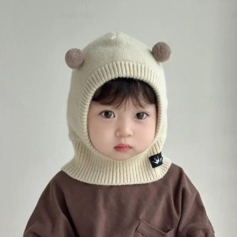 Детский шарф-шапка цельный вязаный колпак теплый милый с двойными помпонами детские шапки для защиты ушей корейские для мальчиков и девочек детская ветрозащитная шапка