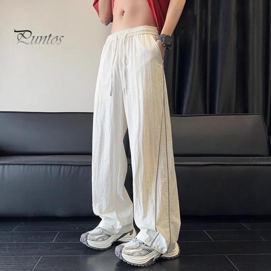 Men's Quick-Dry Baggy Trousers Drawstring Waist Loose Fit Pants Lightweight Casual Trousers with Side Lines Decoration for Street Vacation