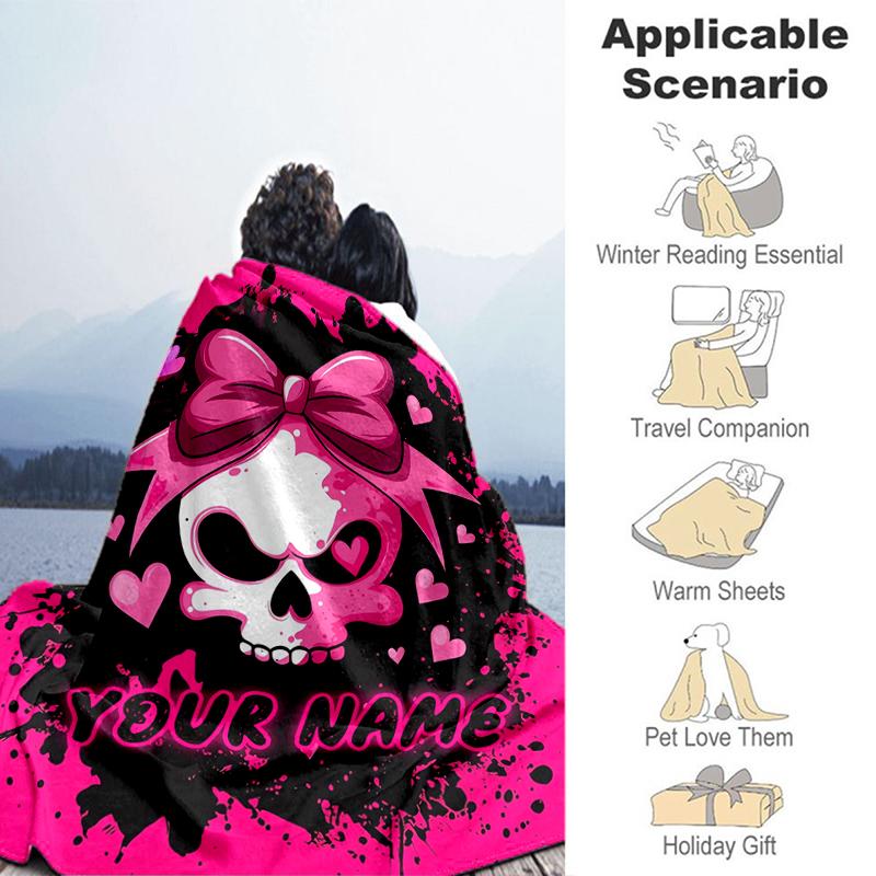 1PC Custom Name Skull Bow Flannel blankets Patterns Throw Blanket All-Season Soft Gift for Couch, Bed, Camping gifts