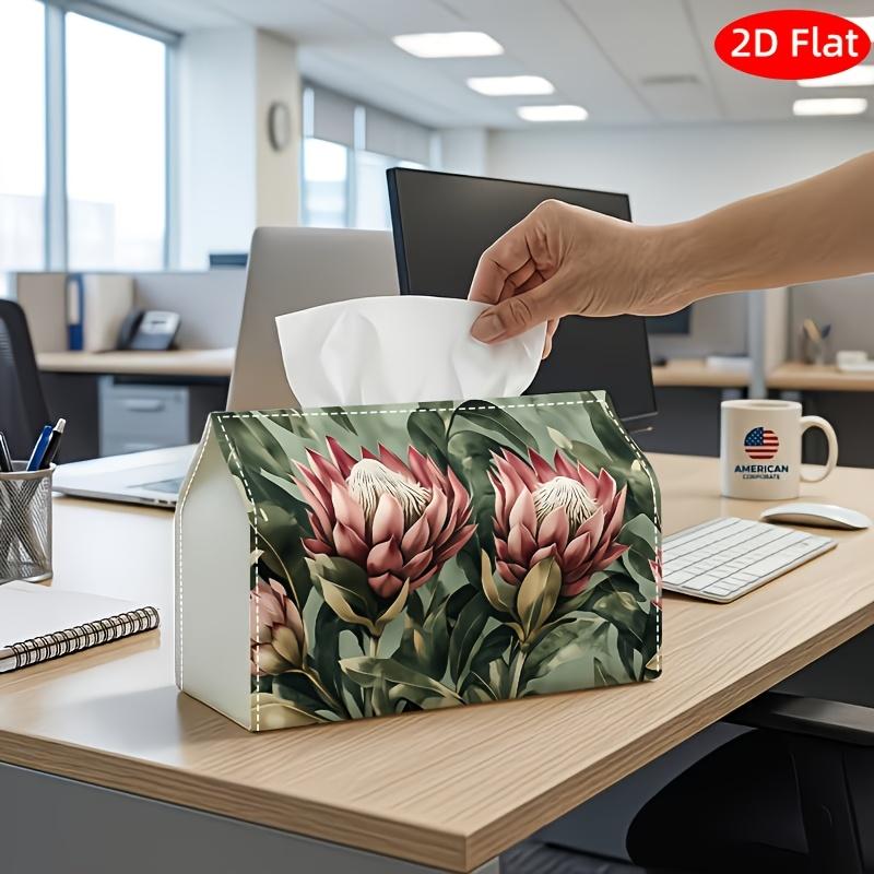 2D Flat, 1pc Tissue Box, Printed on Both Sides, Versatile Tissue Holder Featuring Pink Protea Floral Arrangement Sturdy Polyester Organizer for Holida