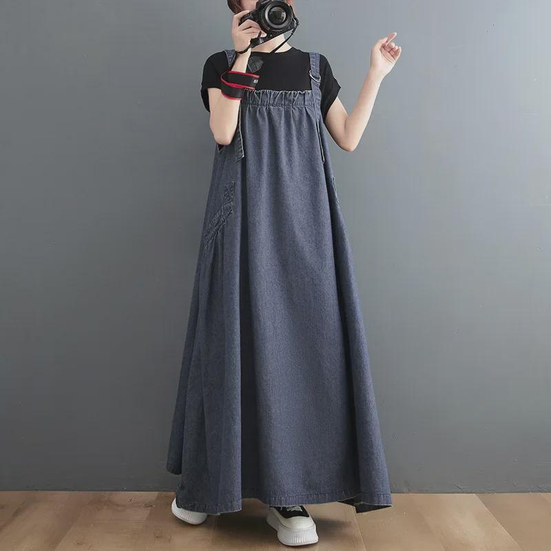 2024 Plus Size Women's Spring/Summer Denim Suspender Swing Dress