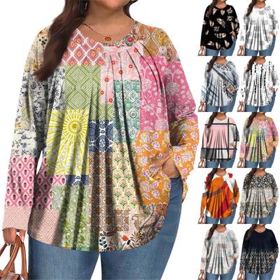 Женский модный топ большого размера с принтом, повседневный плиссированный, с круглым вырезом и длинными рукавами