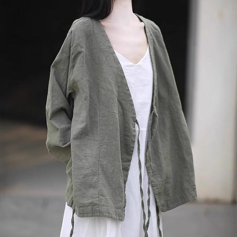 Johnature Women Chinese Style V-Neck Long Sleeve Autumn Solid Color Belt Coats