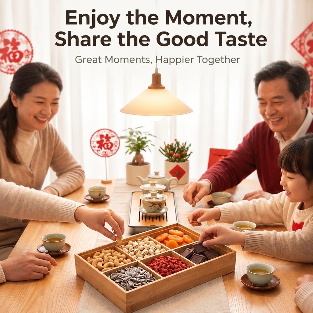 Square Shape Divided Nut Tray Bamboo Dried Fruit Container Snack Serving Tray Festive Food Display