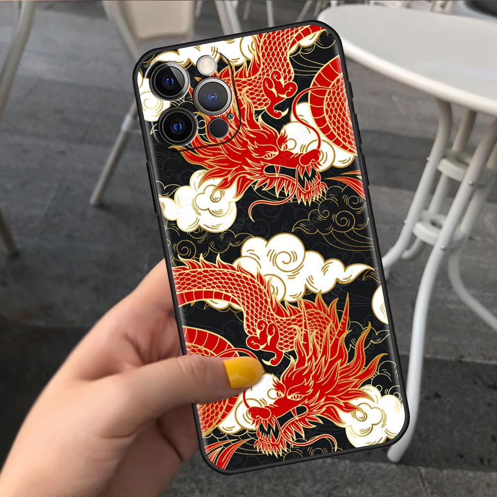 Чехол для Apple iPhone 14 11 13 7 12 Pro 7 XR XS Max 8 Plus 6 14Pro черный мягкий чехол для телефона Funda Fashion китайский винтажный дракон